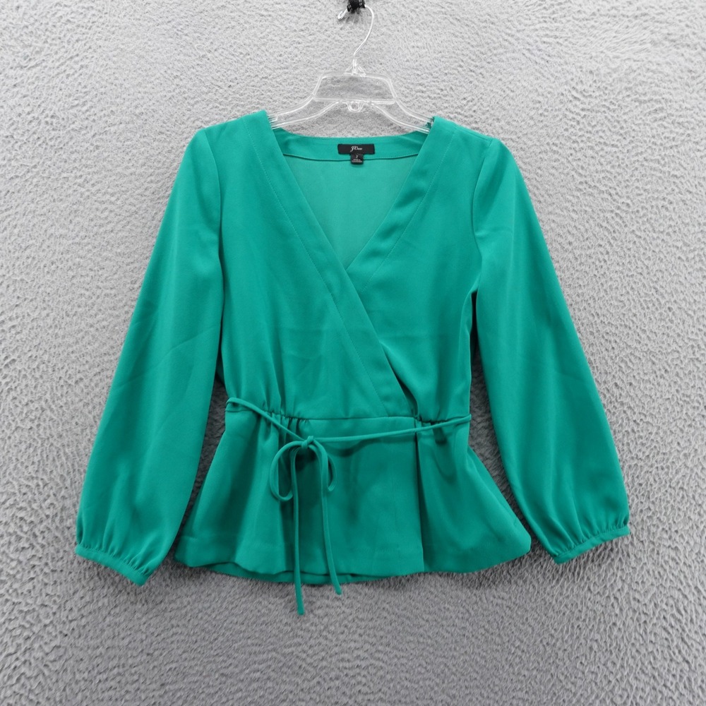 J. Crew Drapey Crepe Faux Wrap Peplum Top Size 2 Green Womens Classic Career